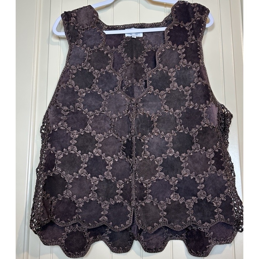 Leathet Crochet Sleeveless Vest Top Western Festival Boho Sz L brown Country